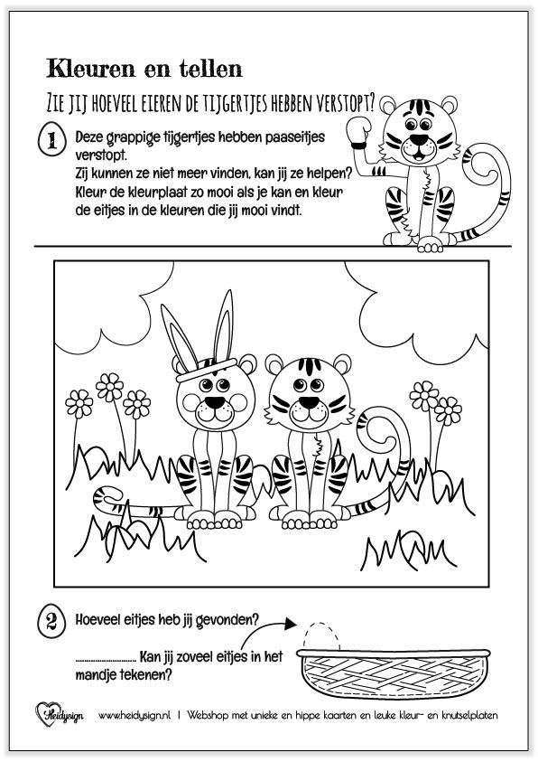 Werkblad voor kleuters met het thema Pasen. Het knutselblad heeft een illustratie van twee vrolijke tijgers met paaseitjes.